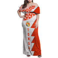 Custom Tonga Rugby Family Matching Off Shoulder Maxi Dress and Hawaiian Shirt Ikale Tahi Ngatu Tribal Pattern Half Style LT03 Mom's Dress Orange - Polynesian Pride