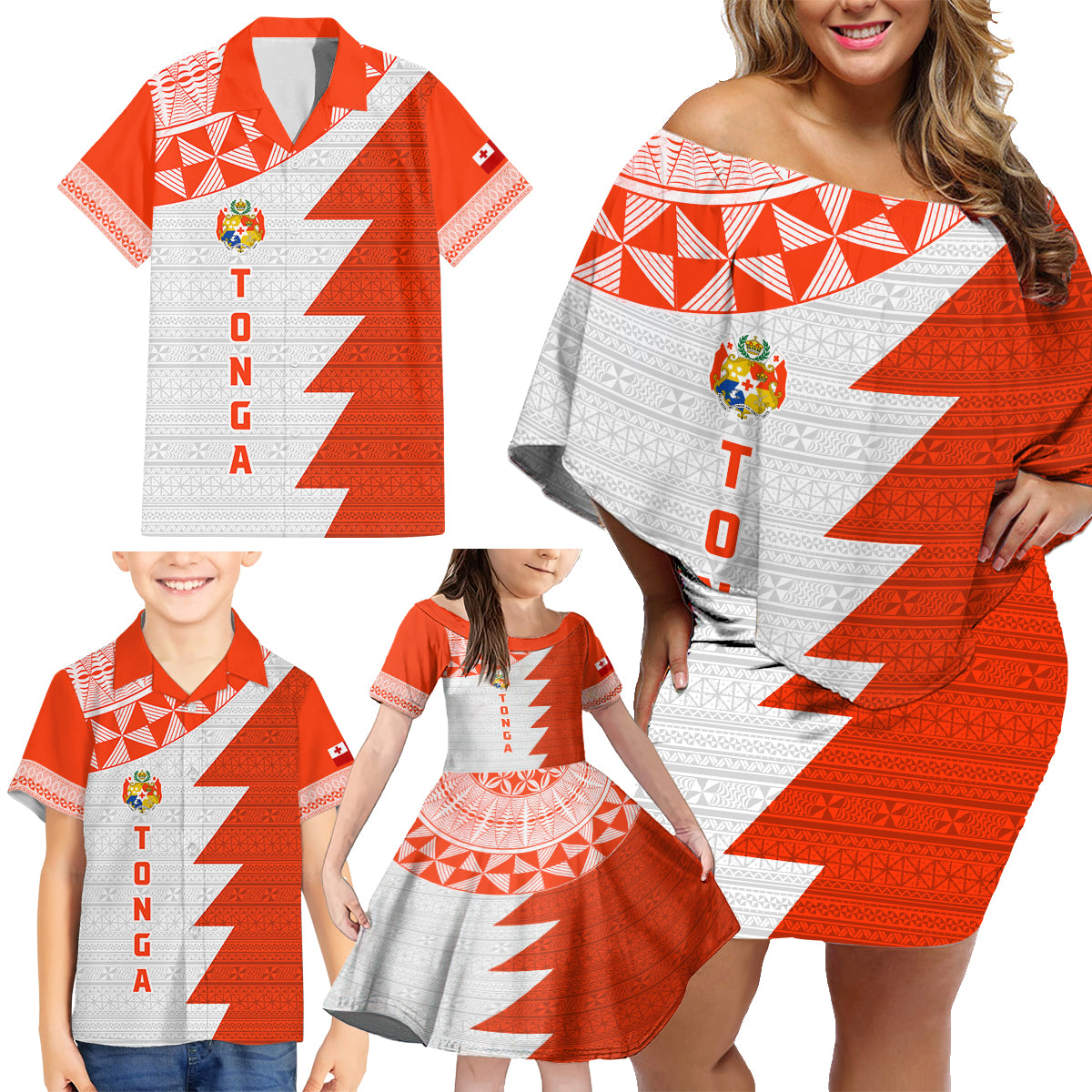 Custom Tonga Rugby Family Matching Off Shoulder Short Dress and Hawaiian Shirt Ikale Tahi Ngatu Tribal Pattern Half Style LT03 - Polynesian Pride