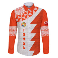 Custom Tonga Rugby Family Matching Off Shoulder Short Dress and Hawaiian Shirt Ikale Tahi Ngatu Tribal Pattern Half Style LT03 Dad's Shirt - Long Sleeve Orange - Polynesian Pride