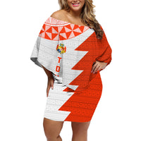 Custom Tonga Rugby Family Matching Off Shoulder Short Dress and Hawaiian Shirt Ikale Tahi Ngatu Tribal Pattern Half Style LT03 Mom's Dress Orange - Polynesian Pride