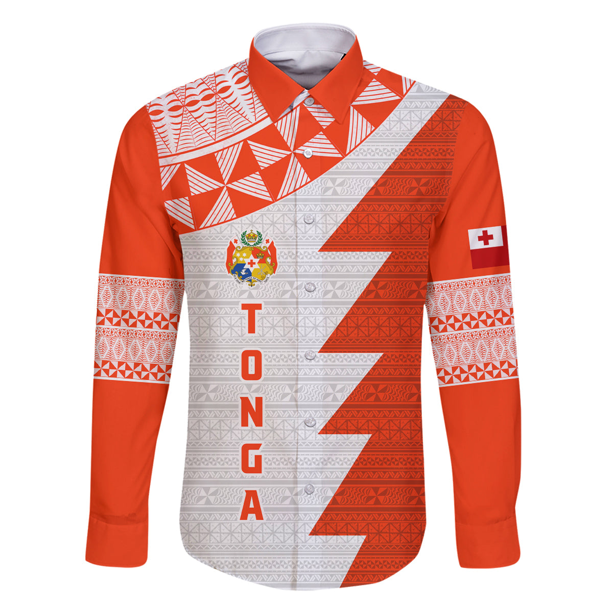 Custom Tonga Rugby Family Matching Tank Maxi Dress and Hawaiian Shirt Ikale Tahi Ngatu Tribal Pattern Half Style LT03 Dad's Shirt - Long Sleeve Orange - Polynesian Pride