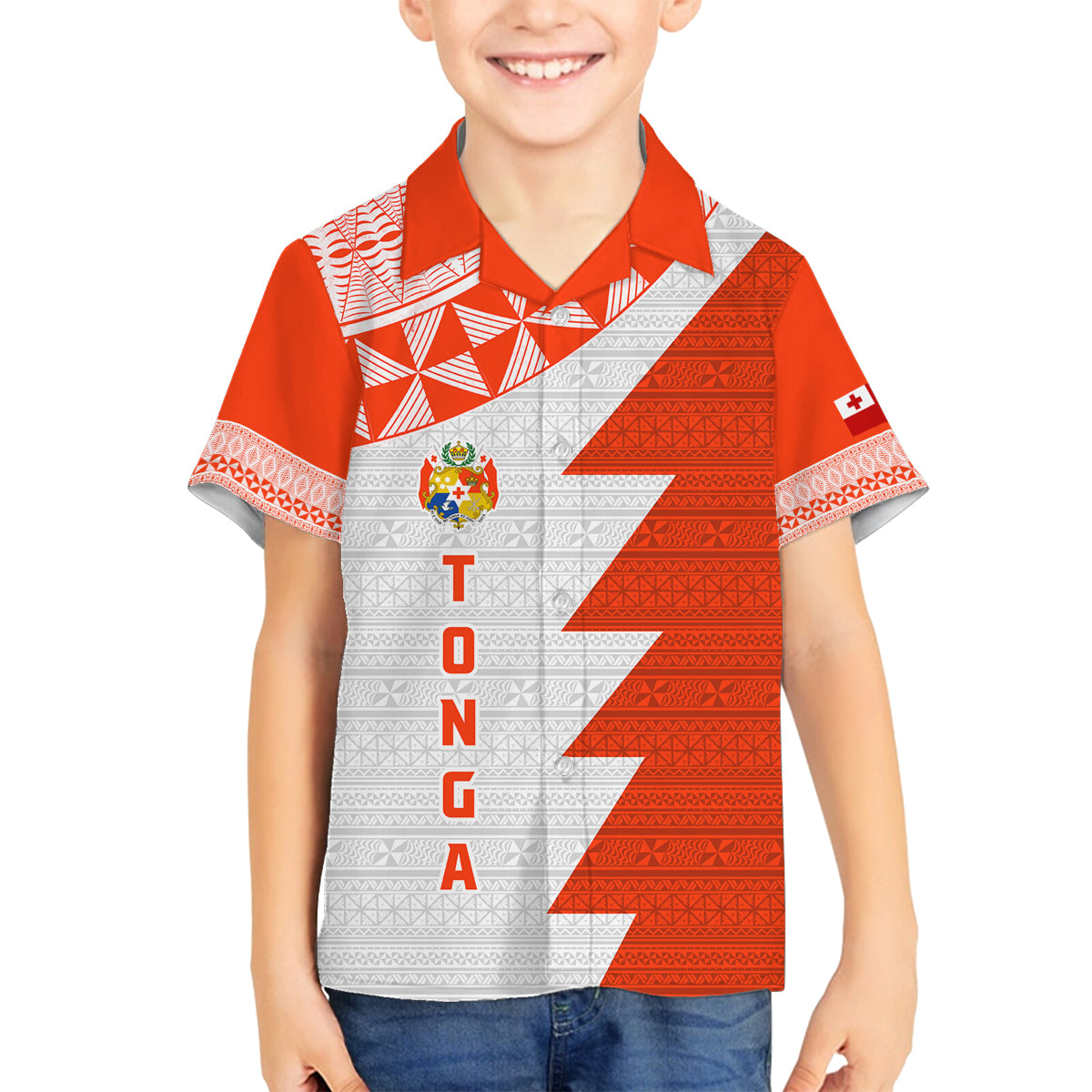 Custom Tonga Rugby Family Matching Tank Maxi Dress and Hawaiian Shirt Ikale Tahi Ngatu Tribal Pattern Half Style LT03 Son's Shirt Orange - Polynesian Pride