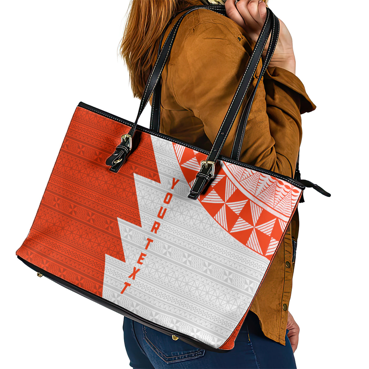 Custom Tonga Rugby Leather Tote Bag Ikale Tahi Ngatu Tribal Pattern Half Style LT03 - Polynesian Pride