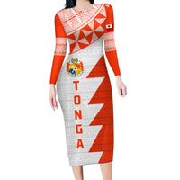 Custom Tonga Rugby Long Sleeve Bodycon Dress Ikale Tahi Ngatu Tribal Pattern Half Style LT03 Long Dress Orange - Polynesian Pride