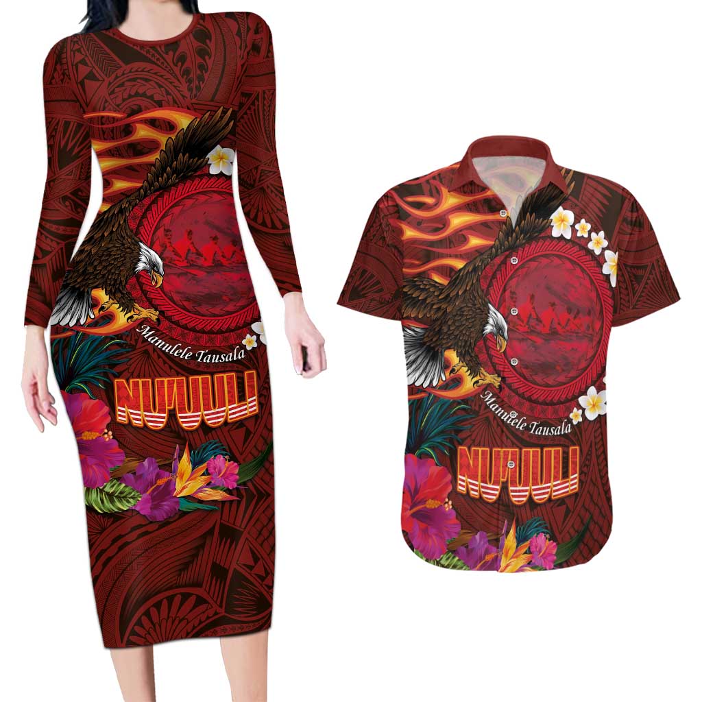 American Samoa Manulele Tausala Nu'uuli Couples Matching Long Sleeve Bodycon Dress and Hawaiian Shirt Tatau Art Pattern with Tropical Plants LT03 Red - Polynesian Pride