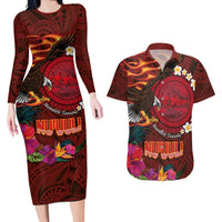 American Samoa Manulele Tausala Nu'uuli Couples Matching Long Sleeve Bodycon Dress and Hawaiian Shirt Tatau Art Pattern with Tropical Plants LT03 Red - Polynesian Pride