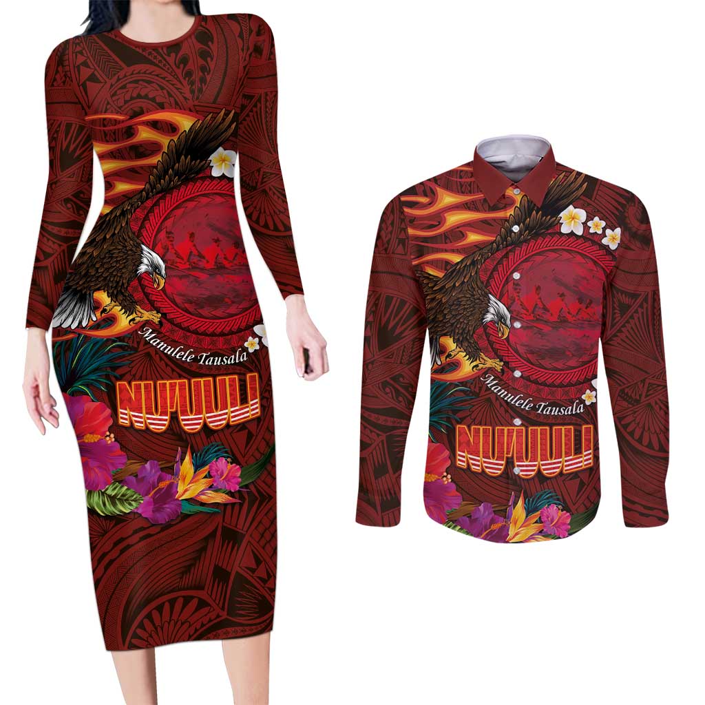 American Samoa Manulele Tausala Nu'uuli Couples Matching Long Sleeve Bodycon Dress and Long Sleeve Button Shirt Tatau Art Pattern with Tropical Plants