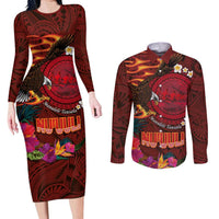 American Samoa Manulele Tausala Nu'uuli Couples Matching Long Sleeve Bodycon Dress and Long Sleeve Button Shirt Tatau Art Pattern with Tropical Plants LT03 Red - Polynesian Pride