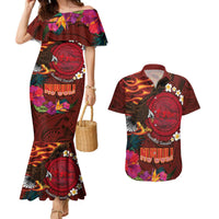 American Samoa Manulele Tausala Nu'uuli Couples Matching Mermaid Dress and Hawaiian Shirt Tatau Art Pattern with Tropical Plants LT03 Red - Polynesian Pride