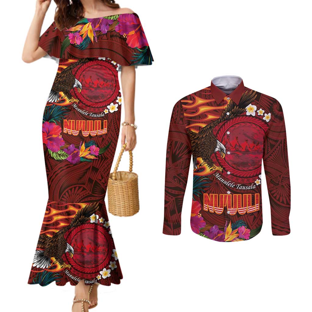 American Samoa Manulele Tausala Nu'uuli Couples Matching Mermaid Dress and Long Sleeve Button Shirt Tatau Art Pattern with Tropical Plants