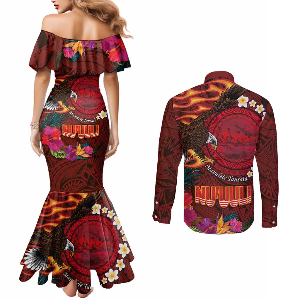 American Samoa Manulele Tausala Nu'uuli Couples Matching Mermaid Dress and Long Sleeve Button Shirt Tatau Art Pattern with Tropical Plants