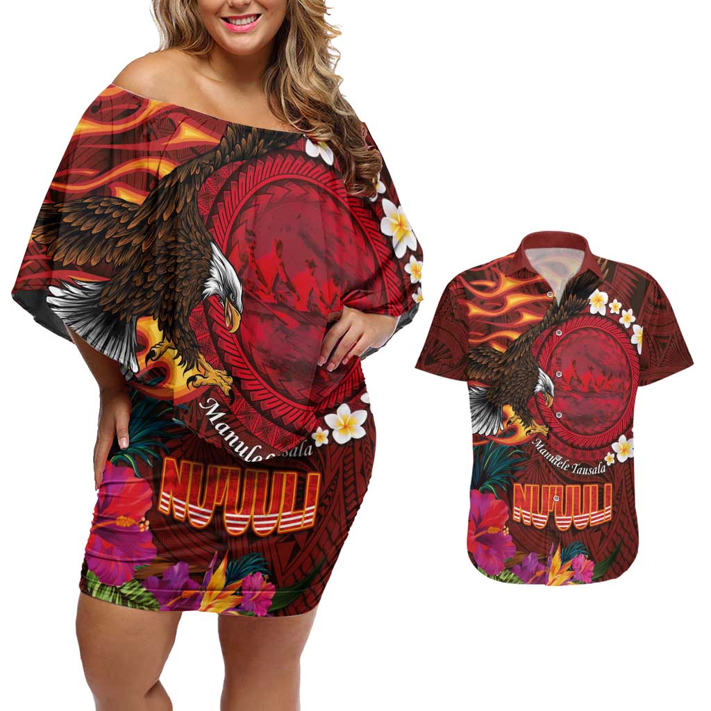 American Samoa Manulele Tausala Nu'uuli Couples Matching Off Shoulder Short Dress and Hawaiian Shirt Tatau Art Pattern with Tropical Plants LT03 Red - Polynesian Pride