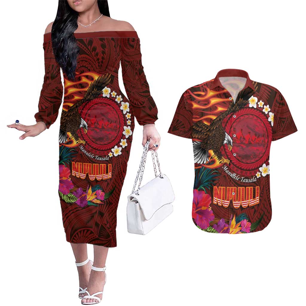 American Samoa Manulele Tausala Nu'uuli Couples Matching Off The Shoulder Long Sleeve Dress and Hawaiian Shirt Tatau Art Pattern with Tropical Plants LT03 Red - Polynesian Pride