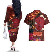 American Samoa Manulele Tausala Nu'uuli Couples Matching Off The Shoulder Long Sleeve Dress and Hawaiian Shirt Tatau Art Pattern with Tropical Plants LT03 - Polynesian Pride