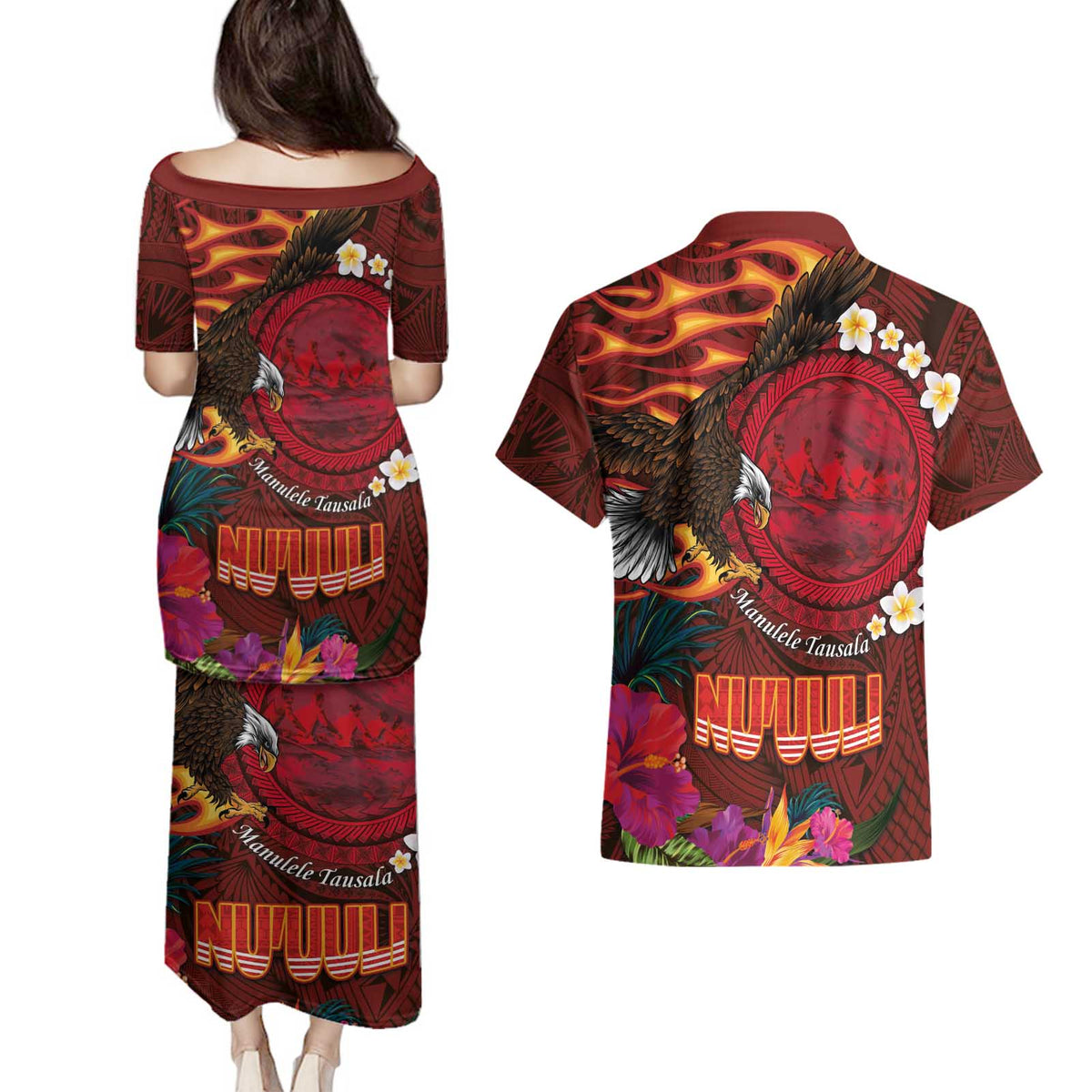 American Samoa Manulele Tausala Nu'uuli Couples Matching Puletasi and Hawaiian Shirt Tatau Art Pattern with Tropical Plants