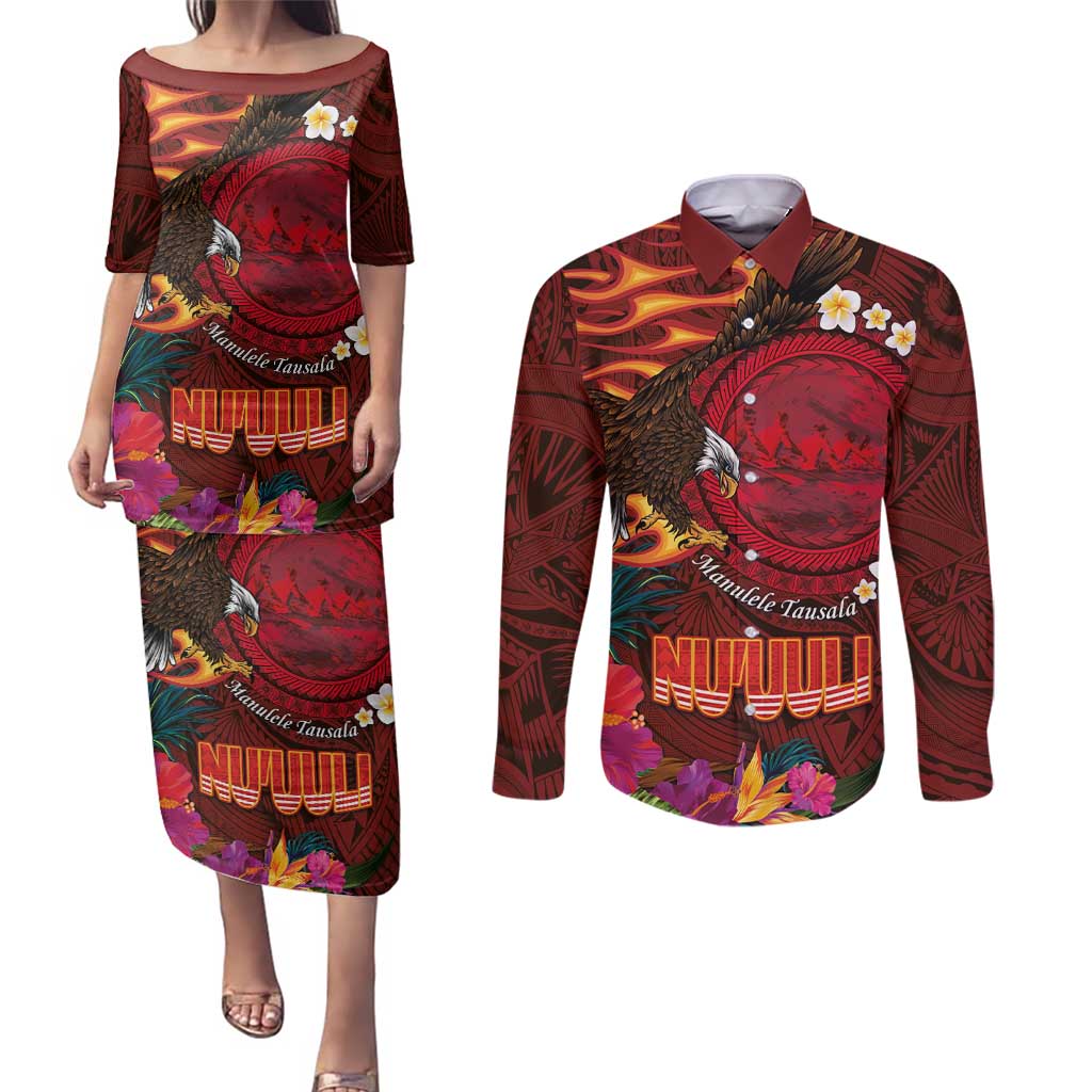 American Samoa Manulele Tausala Nu'uuli Couples Matching Puletasi and Long Sleeve Button Shirt Tatau Art Pattern with Tropical Plants