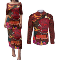 American Samoa Manulele Tausala Nu'uuli Couples Matching Puletasi and Long Sleeve Button Shirt Tatau Art Pattern with Tropical Plants
