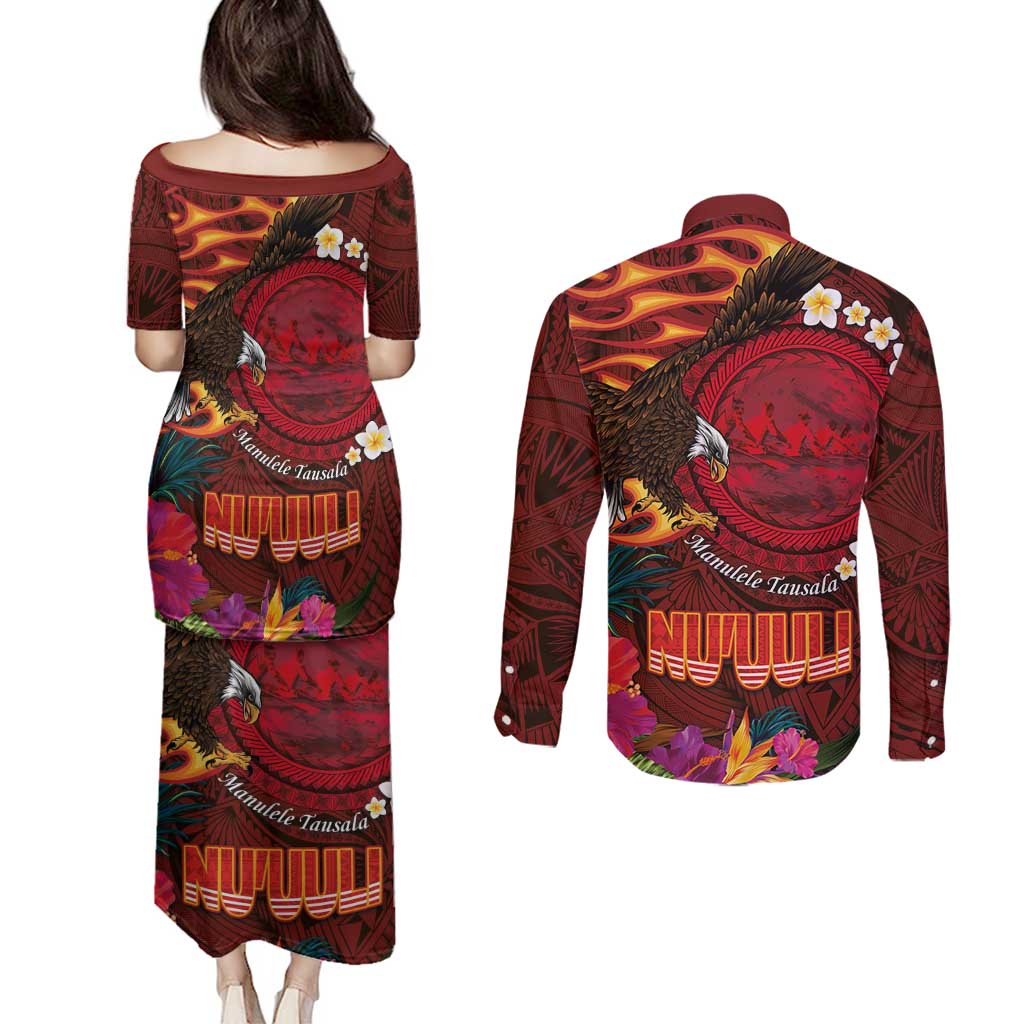 American Samoa Manulele Tausala Nu'uuli Couples Matching Puletasi and Long Sleeve Button Shirt Tatau Art Pattern with Tropical Plants