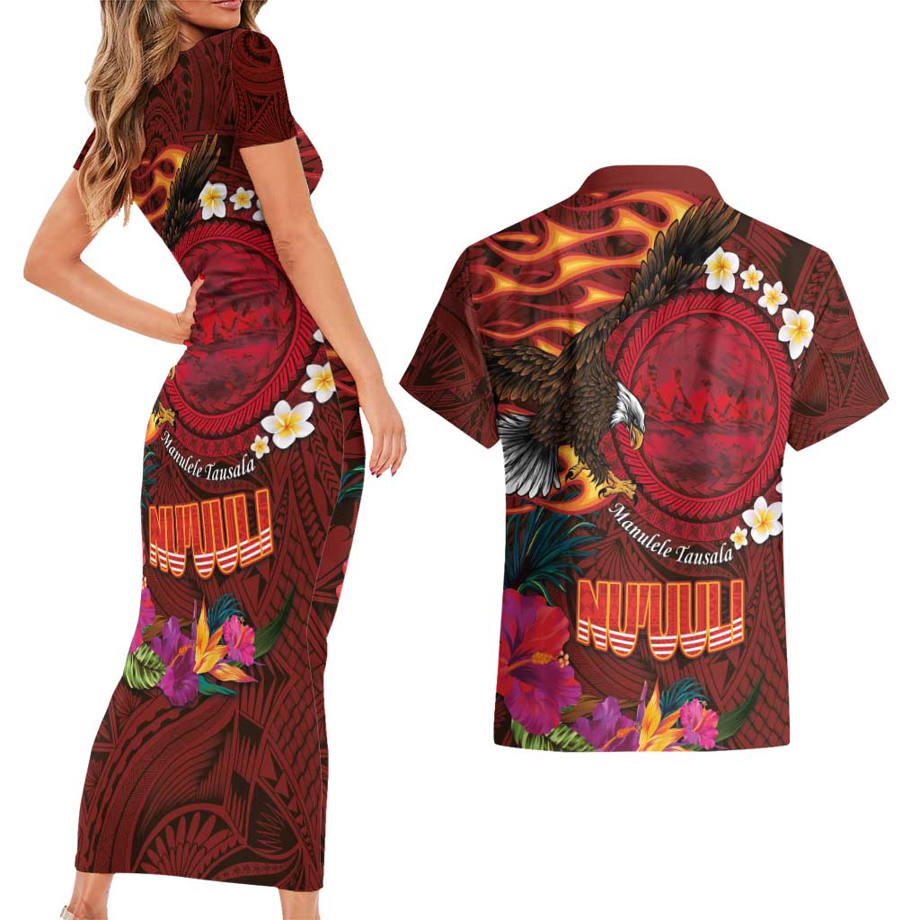 American Samoa Manulele Tausala Nu'uuli Couples Matching Short Sleeve Bodycon Dress and Hawaiian Shirt Tatau Art Pattern with Tropical Plants LT03 - Polynesian Pride