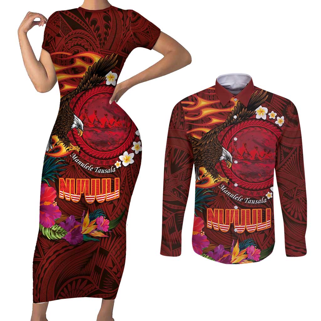 American Samoa Manulele Tausala Nu'uuli Couples Matching Short Sleeve Bodycon Dress and Long Sleeve Button Shirt Tatau Art Pattern with Tropical Plants LT03 Red - Polynesian Pride