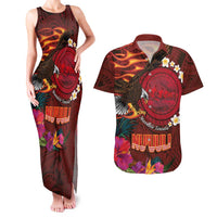American Samoa Manulele Tausala Nu'uuli Couples Matching Tank Maxi Dress and Hawaiian Shirt Tatau Art Pattern with Tropical Plants LT03 Red - Polynesian Pride