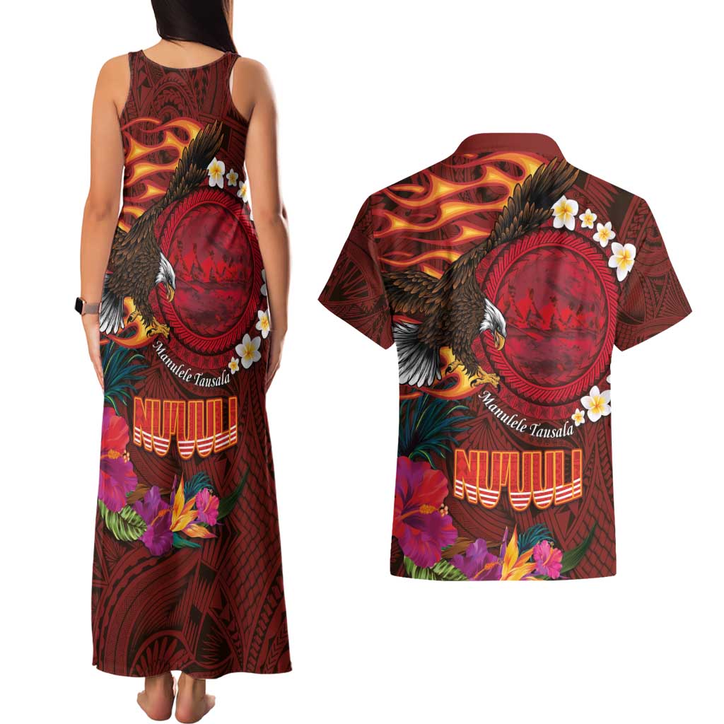 American Samoa Manulele Tausala Nu'uuli Couples Matching Tank Maxi Dress and Hawaiian Shirt Tatau Art Pattern with Tropical Plants LT03 - Polynesian Pride