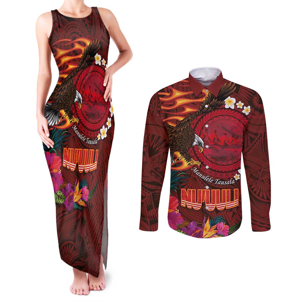 American Samoa Manulele Tausala Nu'uuli Couples Matching Tank Maxi Dress and Long Sleeve Button Shirt Tatau Art Pattern with Tropical Plants