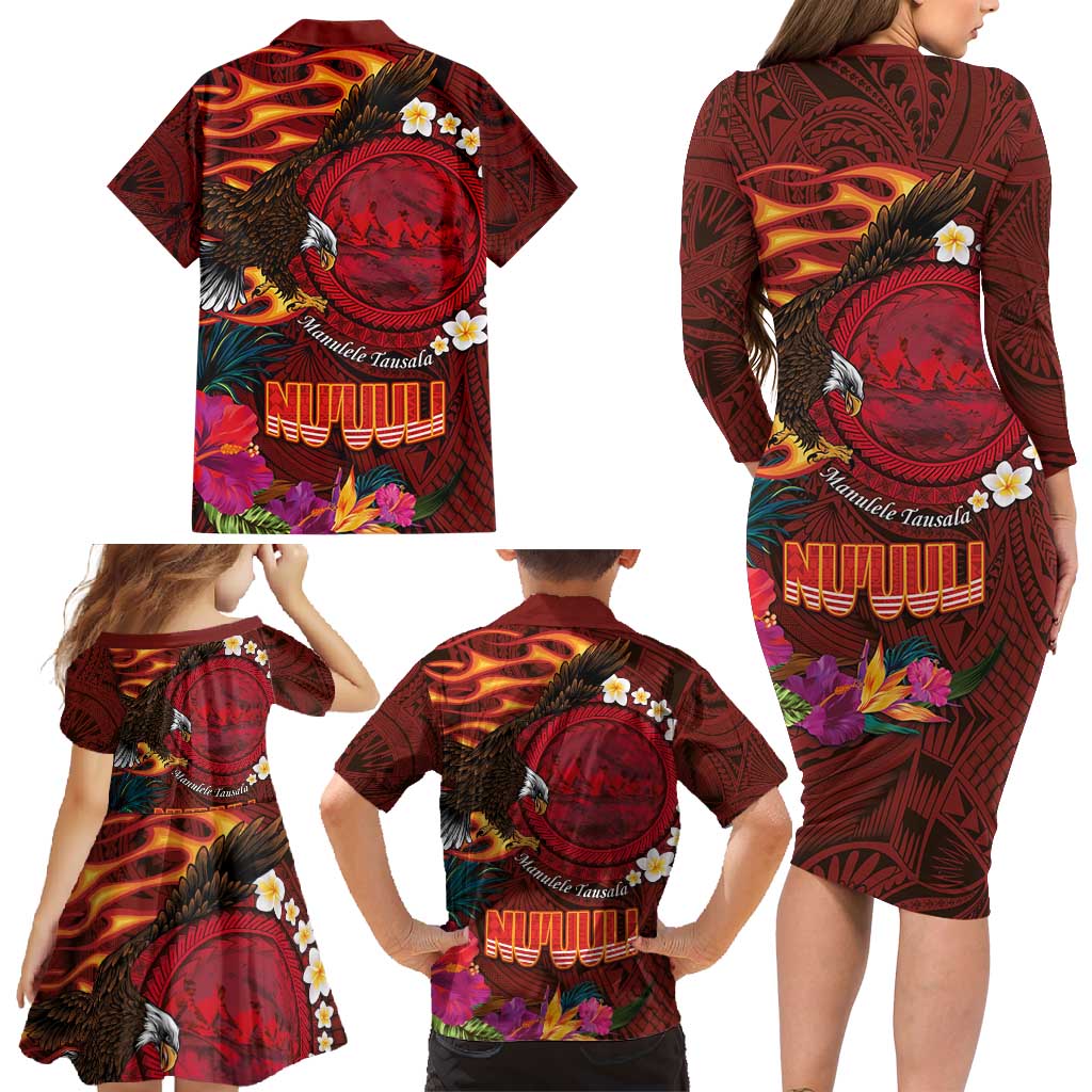 American Samoa Manulele Tausala Nu'uuli Family Matching Long Sleeve Bodycon Dress and Hawaiian Shirt Tatau Art Pattern with Tropical Plants LT03 - Polynesian Pride