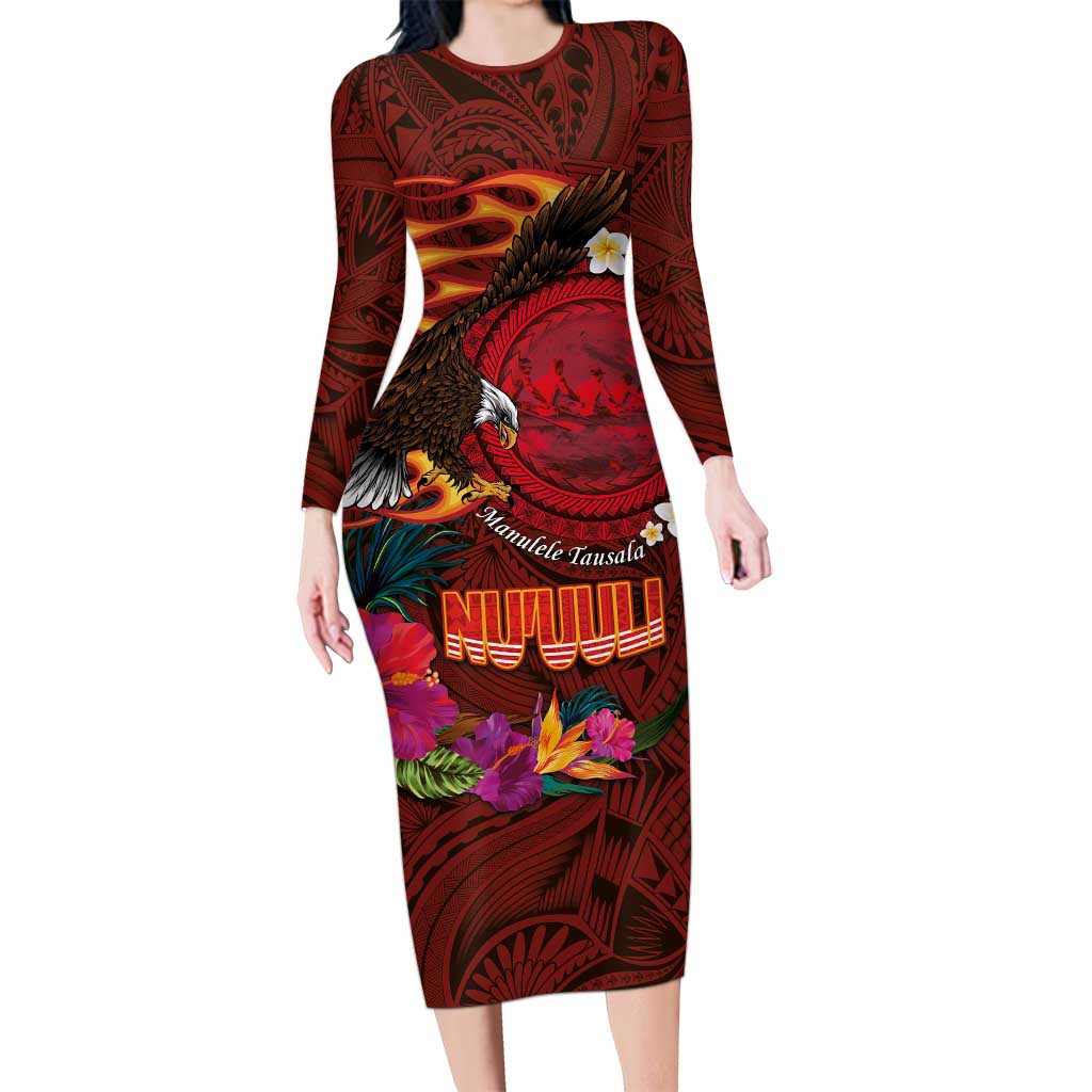 American Samoa Manulele Tausala Nu'uuli Family Matching Long Sleeve Bodycon Dress and Hawaiian Shirt Tatau Art Pattern with Tropical Plants LT03 Mom's Dress Red - Polynesian Pride