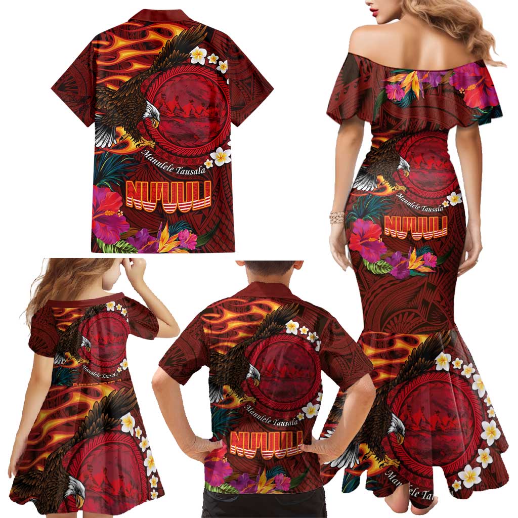 American Samoa Manulele Tausala Nu'uuli Family Matching Mermaid Dress and Hawaiian Shirt Tatau Art Pattern with Tropical Plants LT03 - Polynesian Pride