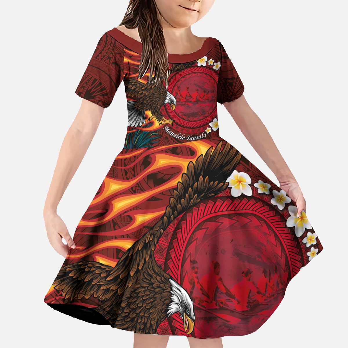 American Samoa Manulele Tausala Nu'uuli Family Matching Off The Shoulder Long Sleeve Dress and Hawaiian Shirt Tatau Art Pattern with Tropical Plants LT03 Daughter's Dress Red - Polynesian Pride