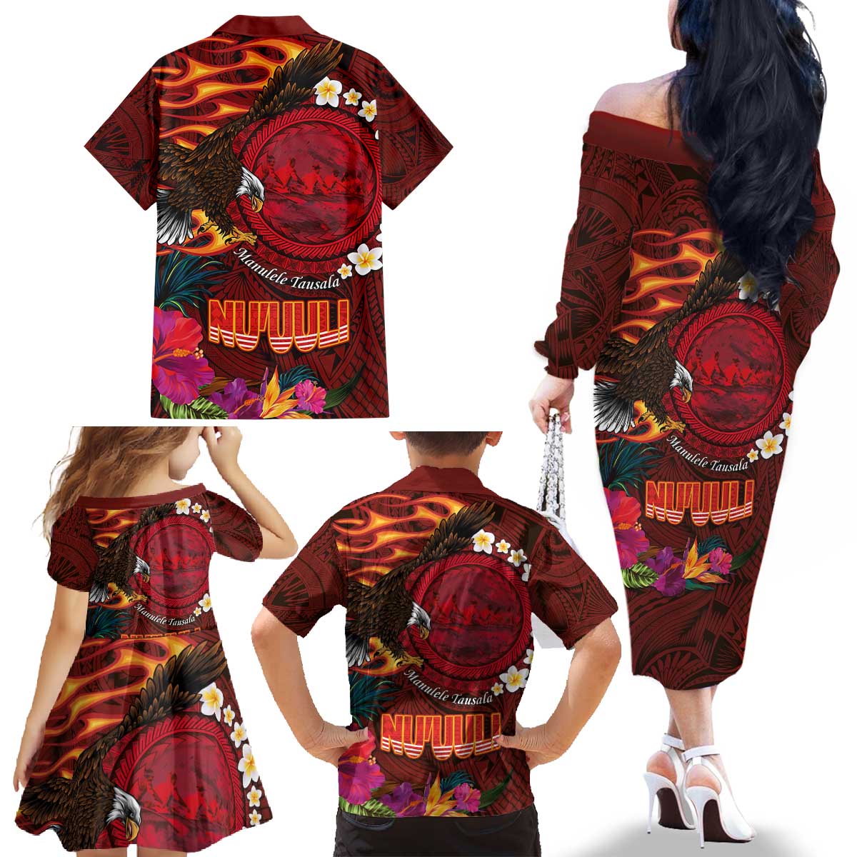 American Samoa Manulele Tausala Nu'uuli Family Matching Off The Shoulder Long Sleeve Dress and Hawaiian Shirt Tatau Art Pattern with Tropical Plants LT03 - Polynesian Pride
