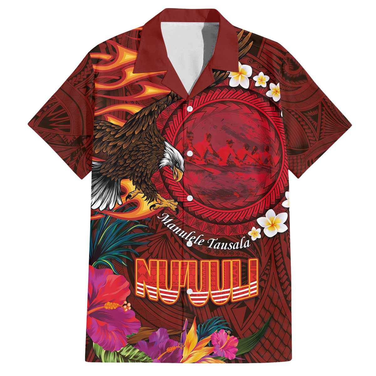 American Samoa Manulele Tausala Nu'uuli Family Matching Off The Shoulder Long Sleeve Dress and Hawaiian Shirt Tatau Art Pattern with Tropical Plants LT03 Dad's Shirt - Short Sleeve Red - Polynesian Pride