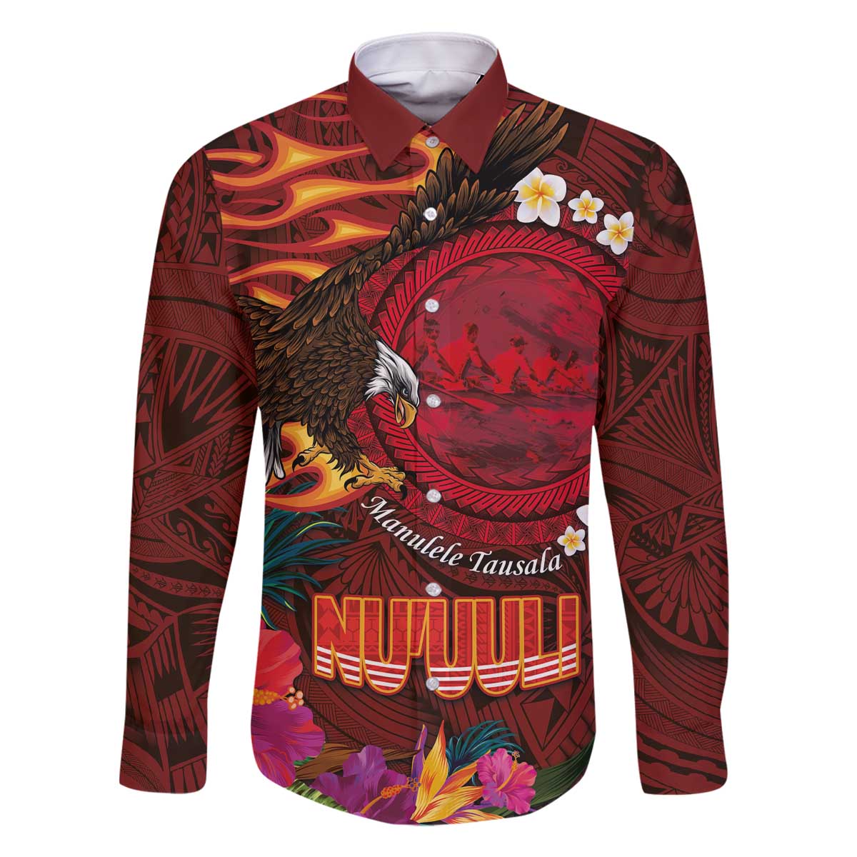 American Samoa Manulele Tausala Nu'uuli Family Matching Off The Shoulder Long Sleeve Dress and Hawaiian Shirt Tatau Art Pattern with Tropical Plants LT03 Dad's Shirt - Long Sleeve Red - Polynesian Pride