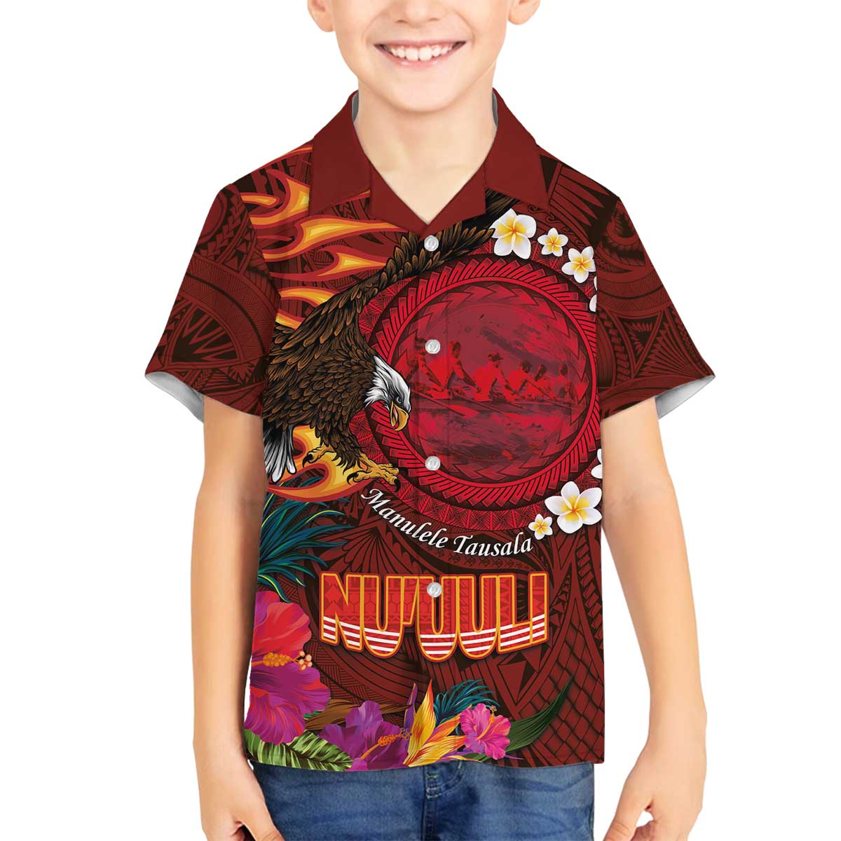 American Samoa Manulele Tausala Nu'uuli Family Matching Off The Shoulder Long Sleeve Dress and Hawaiian Shirt Tatau Art Pattern with Tropical Plants LT03 Son's Shirt Red - Polynesian Pride