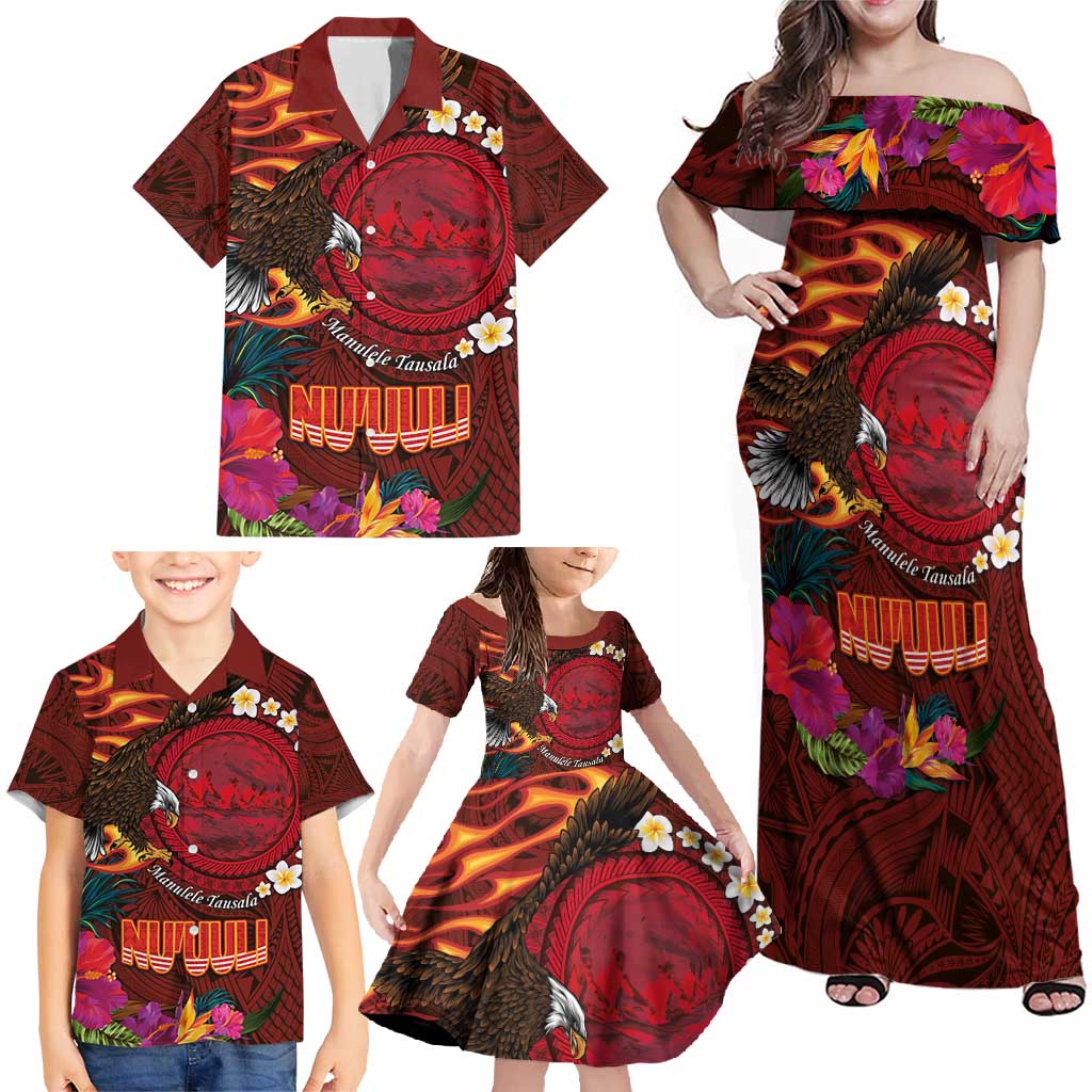 American Samoa Manulele Tausala Nu'uuli Family Matching Off Shoulder Maxi Dress and Hawaiian Shirt Tatau Art Pattern with Tropical Plants LT03 - Polynesian Pride