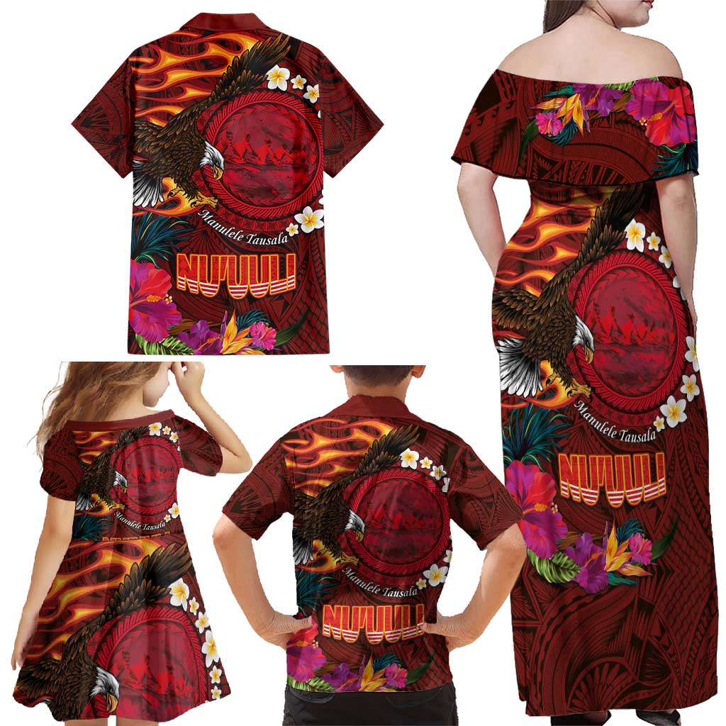 American Samoa Manulele Tausala Nu'uuli Family Matching Off Shoulder Maxi Dress and Hawaiian Shirt Tatau Art Pattern with Tropical Plants LT03 - Polynesian Pride
