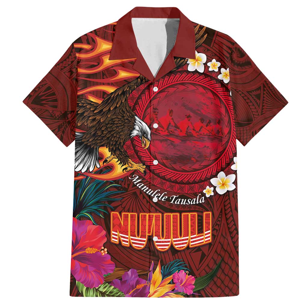 American Samoa Manulele Tausala Nu'uuli Family Matching Off Shoulder Maxi Dress and Hawaiian Shirt Tatau Art Pattern with Tropical Plants LT03 Dad's Shirt - Short Sleeve Red - Polynesian Pride