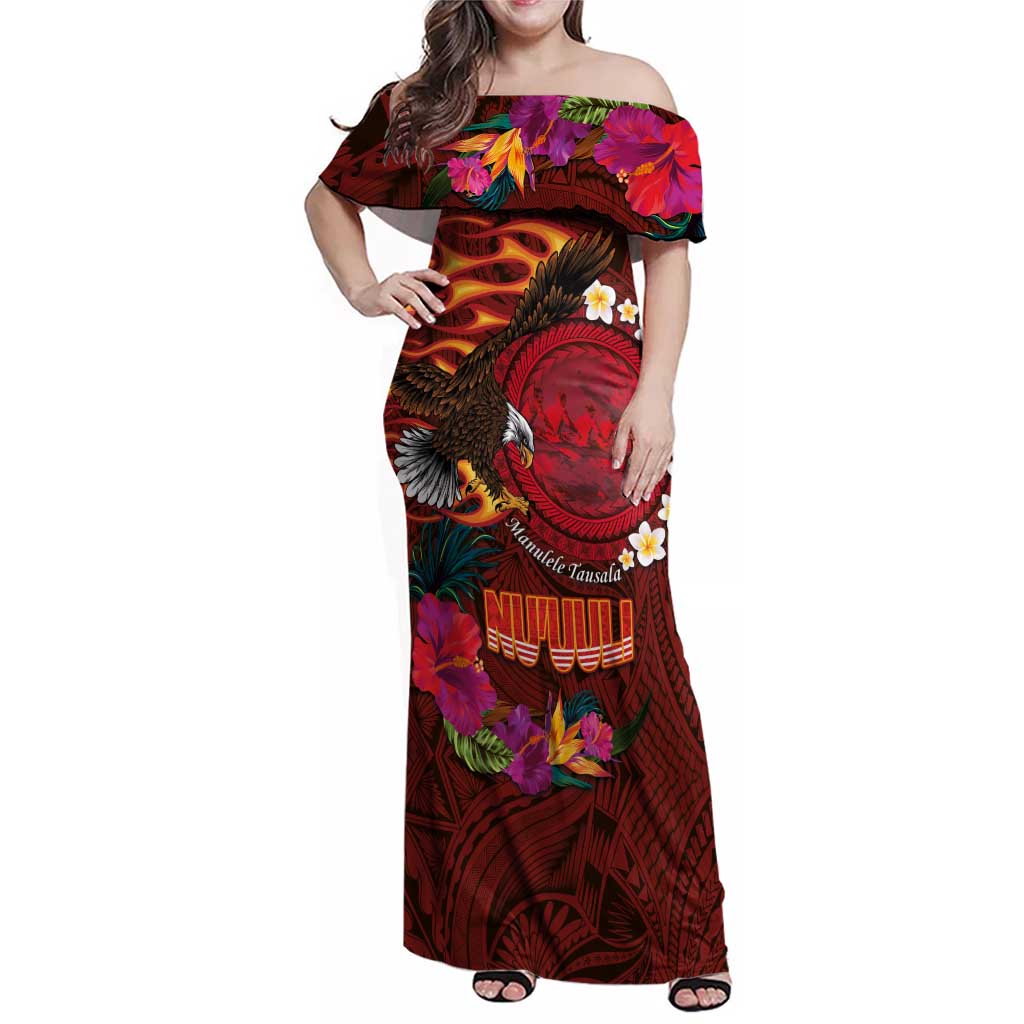 American Samoa Manulele Tausala Nu'uuli Family Matching Off Shoulder Maxi Dress and Hawaiian Shirt Tatau Art Pattern with Tropical Plants LT03 Mom's Dress Red - Polynesian Pride