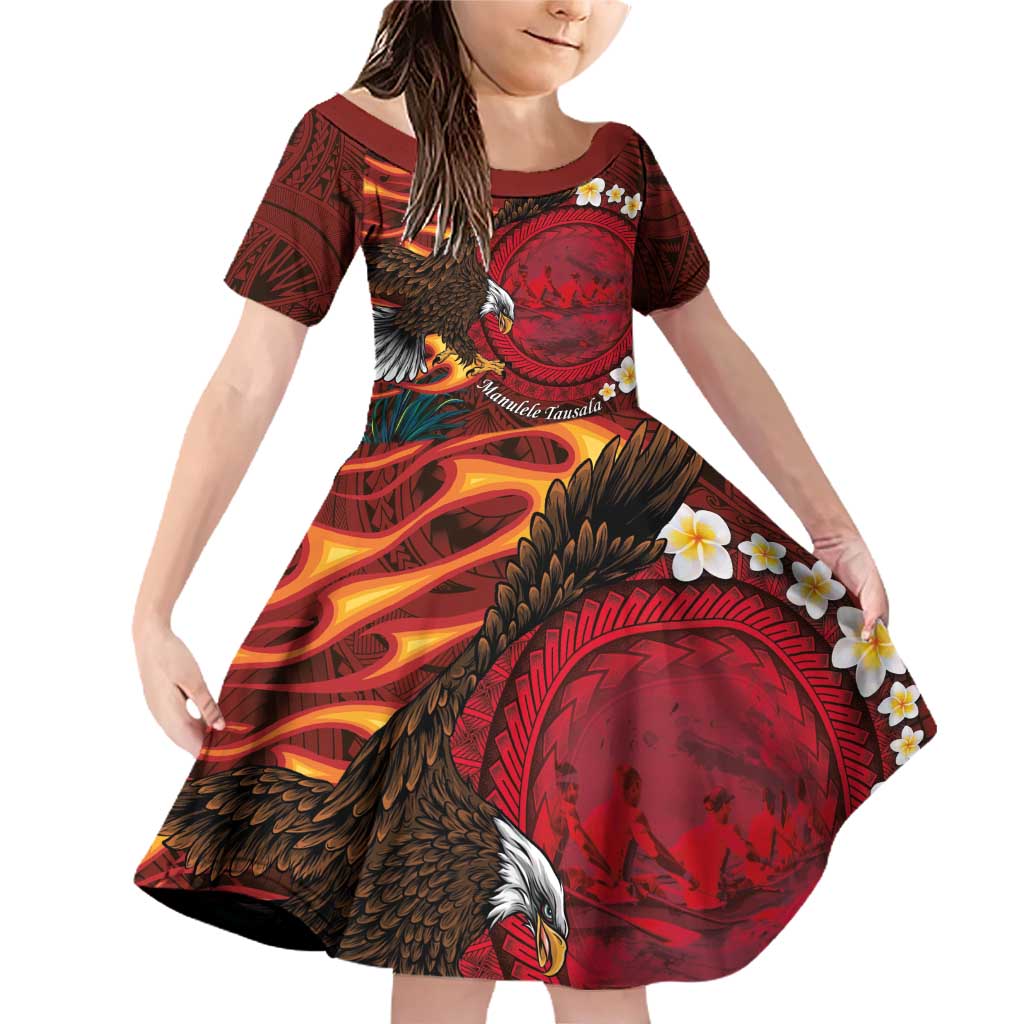 American Samoa Manulele Tausala Nu'uuli Family Matching Off Shoulder Short Dress and Hawaiian Shirt Tatau Art Pattern with Tropical Plants LT03 Daughter's Dress Red - Polynesian Pride