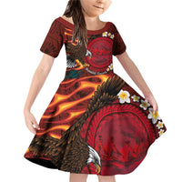 American Samoa Manulele Tausala Nu'uuli Family Matching Off Shoulder Short Dress and Hawaiian Shirt Tatau Art Pattern with Tropical Plants LT03 Daughter's Dress Red - Polynesian Pride