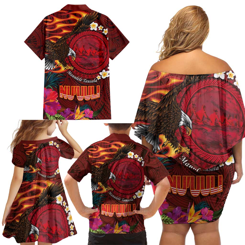 American Samoa Manulele Tausala Nu'uuli Family Matching Off Shoulder Short Dress and Hawaiian Shirt Tatau Art Pattern with Tropical Plants LT03 - Polynesian Pride