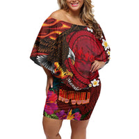 American Samoa Manulele Tausala Nu'uuli Family Matching Off Shoulder Short Dress and Hawaiian Shirt Tatau Art Pattern with Tropical Plants LT03 Mom's Dress Red - Polynesian Pride