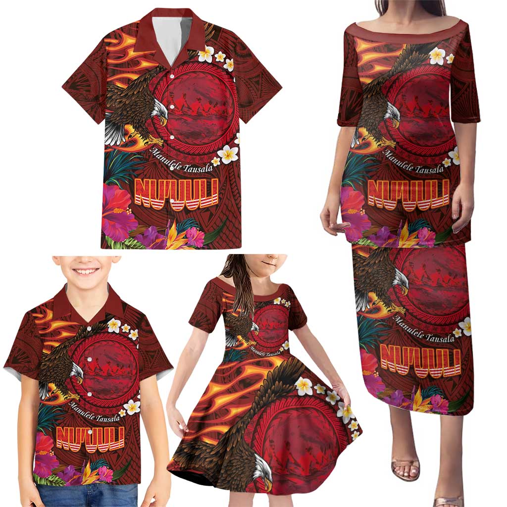 American Samoa Manulele Tausala Nu'uuli Family Matching Puletasi and Hawaiian Shirt Tatau Art Pattern with Tropical Plants LT03 - Polynesian Pride
