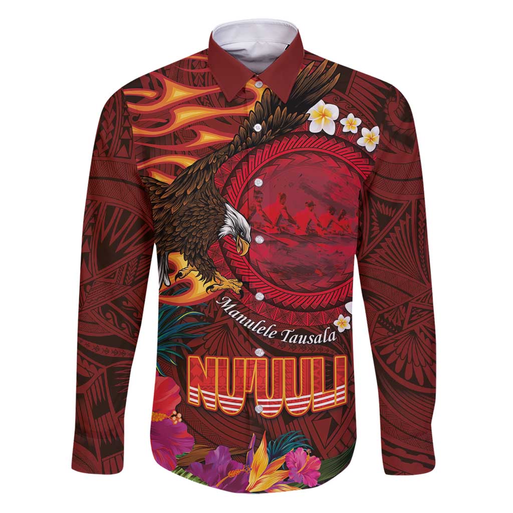American Samoa Manulele Tausala Nu'uuli Family Matching Puletasi and Hawaiian Shirt Tatau Art Pattern with Tropical Plants LT03 Dad's Shirt - Long Sleeve Red - Polynesian Pride