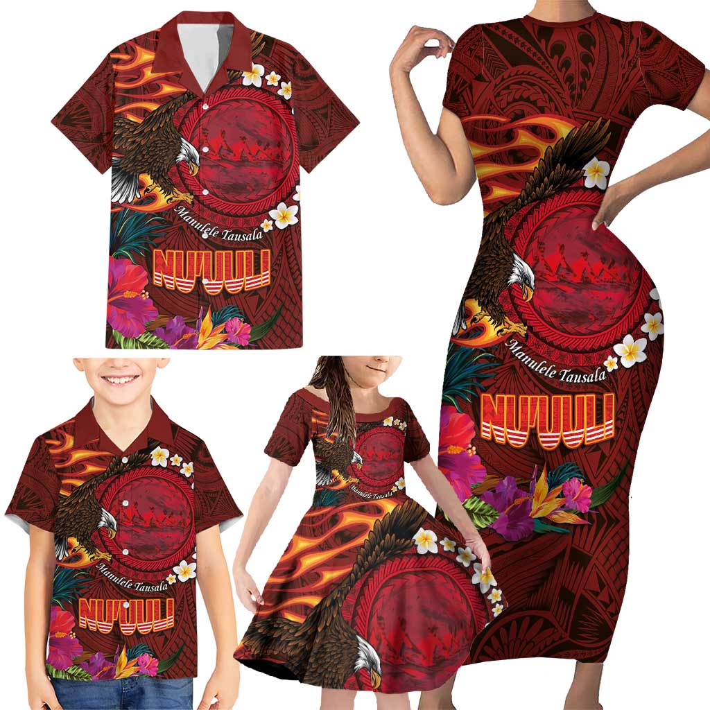 American Samoa Manulele Tausala Nu'uuli Family Matching Short Sleeve Bodycon Dress and Hawaiian Shirt Tatau Art Pattern with Tropical Plants LT03 - Polynesian Pride