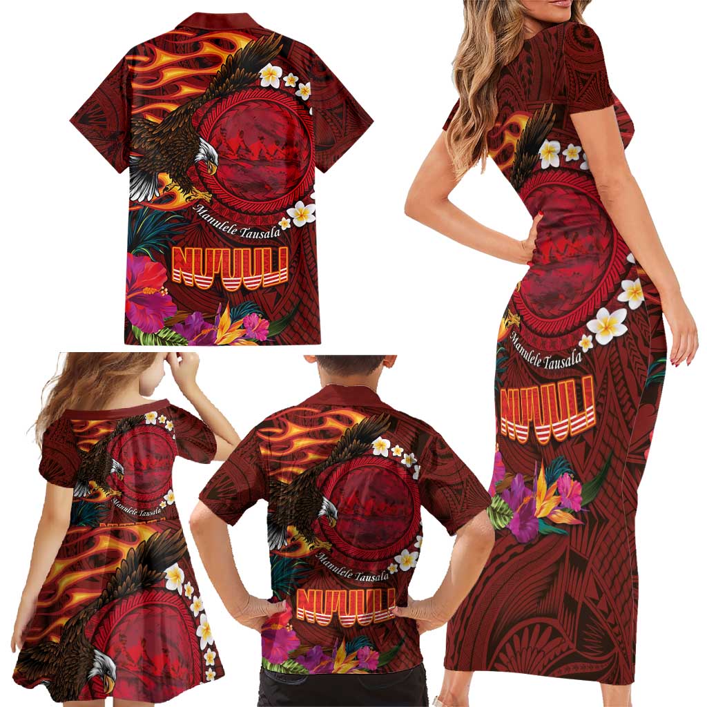 American Samoa Manulele Tausala Nu'uuli Family Matching Short Sleeve Bodycon Dress and Hawaiian Shirt Tatau Art Pattern with Tropical Plants LT03 - Polynesian Pride