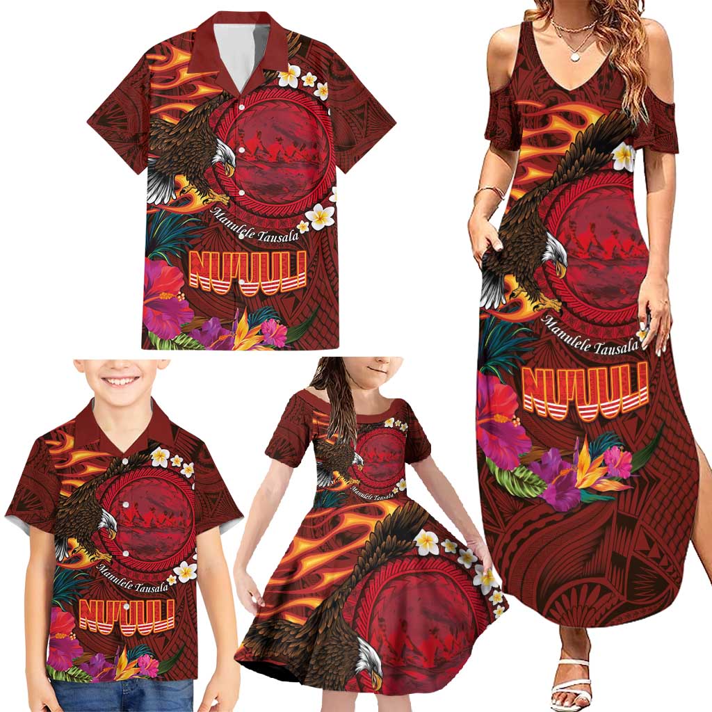 American Samoa Manulele Tausala Nu'uuli Family Matching Summer Maxi Dress and Hawaiian Shirt Tatau Art Pattern with Tropical Plants LT03 - Polynesian Pride