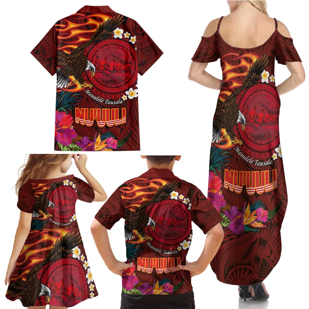 American Samoa Manulele Tausala Nu'uuli Family Matching Summer Maxi Dress and Hawaiian Shirt Tatau Art Pattern with Tropical Plants LT03 - Polynesian Pride