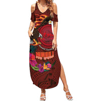 American Samoa Manulele Tausala Nu'uuli Family Matching Summer Maxi Dress and Hawaiian Shirt Tatau Art Pattern with Tropical Plants LT03 Mom's Dress Red - Polynesian Pride